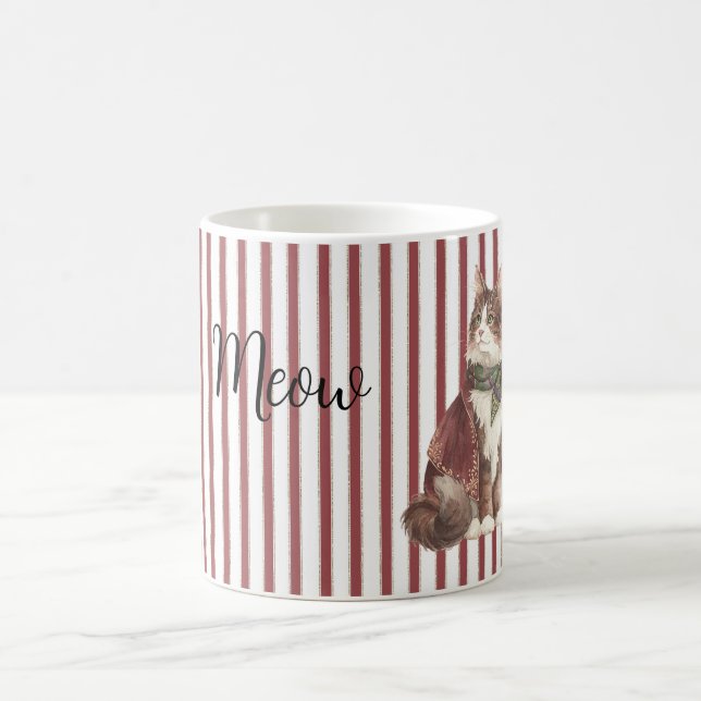 Red White Stripes Meow Cat Coffee Mug (Center)