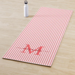 Red & White Stripes Monogram Name Yoga Mat