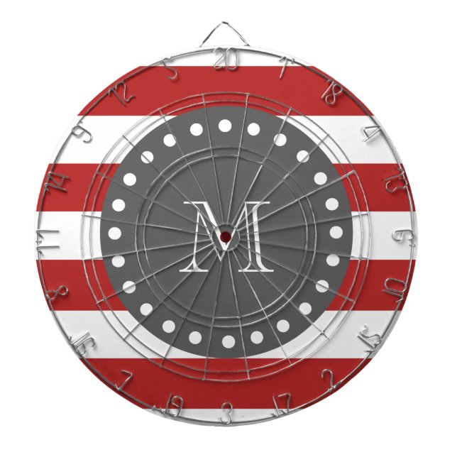 Red White Stripes Pattern, Charcoal Monogram Dartboard (Front)