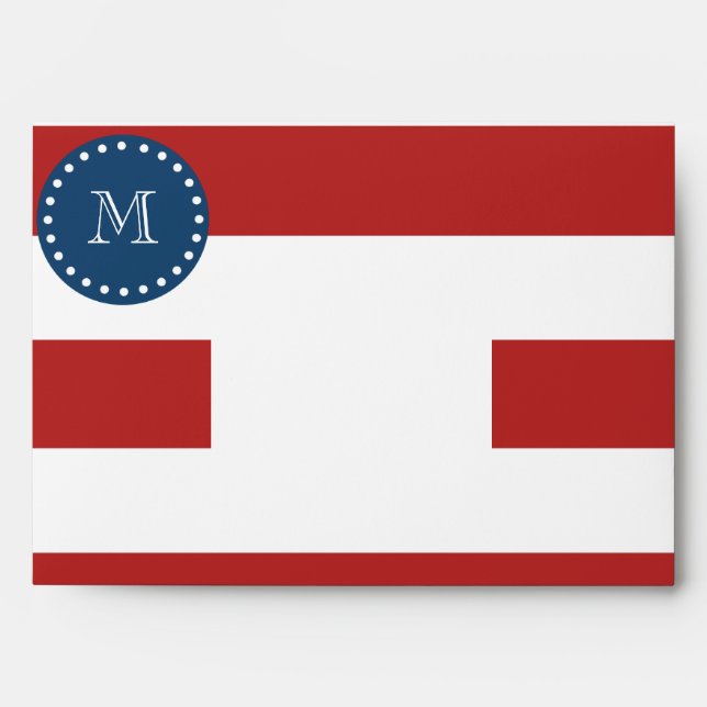 Red White Stripes Pattern, Navy Blue Monogram Envelopes (Front)