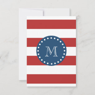 Red White Stripes Pattern, Navy Blue Monogram Invitation