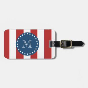 Red White Stripes Pattern, Navy Blue Monogram Luggage Tag