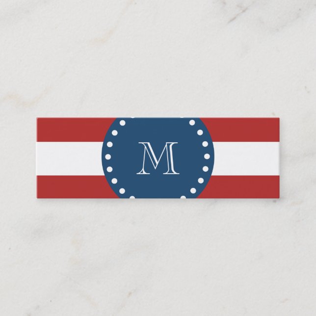 Red White Stripes Pattern, Navy Blue Monogram Mini Business Card (Front)