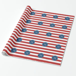 Red White Stripes Pattern, Navy Blue Monogram Wrapping Paper