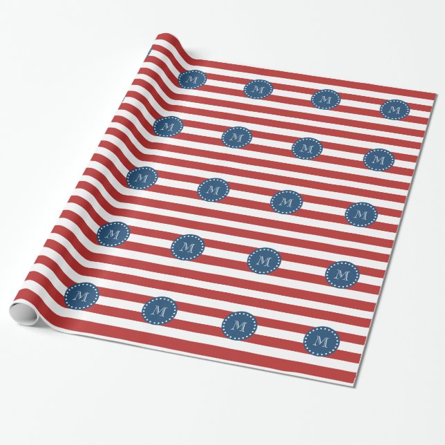 Red White Stripes Pattern, Navy Blue Monogram Wrapping Paper (Unrolled)