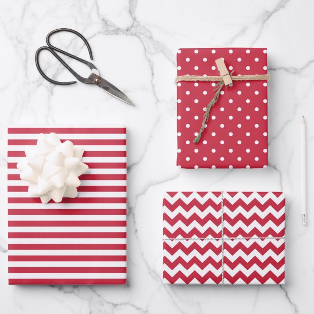 Red & White Stripes Polka Dot Chevron  Wrapping Paper Sheet (Front)