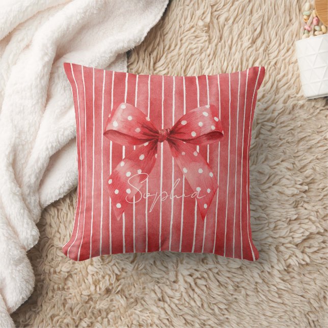 Red White Stripes Polka Dots Bow Cushion (Blanket)