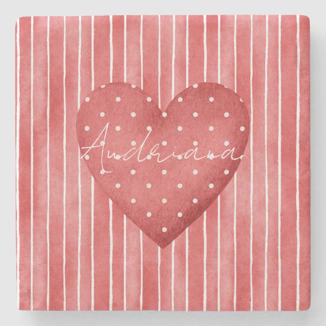 Red White Stripes Polka Dots Heart Stone Coaster (Front)