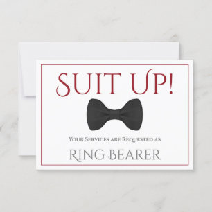 Red & White Suit Up Be My Ring Bearer Fun Bow Tie Card