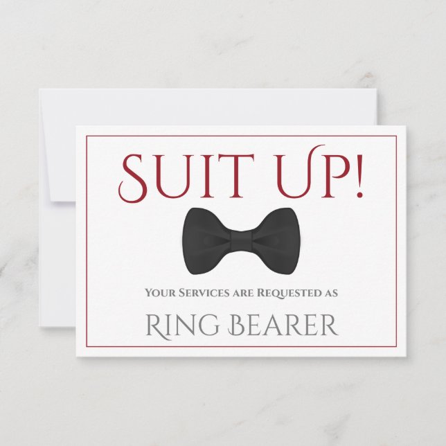 Red & White Suit Up Be My Ring Bearer Fun Bow Tie Card (Front)