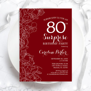 Red White Surprise 80th Birthday Party Invitation