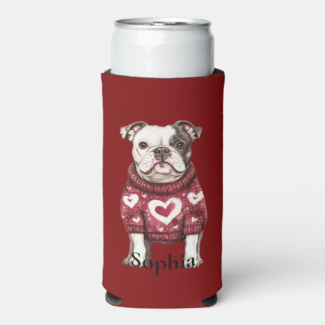 Red White Sweater with hearts Bulldog Seltzer Can Cooler (Seltzer Front)