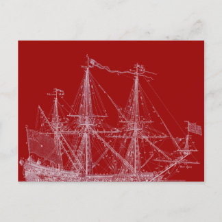 Red & White Tall Sailing Ship Print Postcard