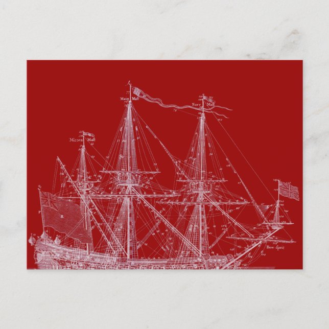 Red & White Tall Sailing Ship Print Postcard (Front)