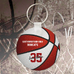 red white team colors boys girls basketball key ring<br><div class="desc">This cool basketball themed keychain features the image of a realistic basketball with alternating red and white recolored panels - easily customize with school name,  mascot name and player name & jersey number - by katz_d_zynes</div>