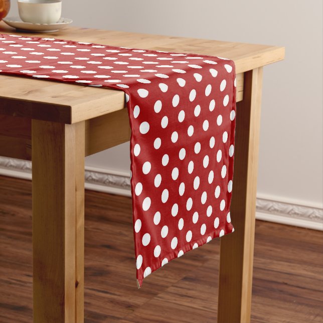Red white tiled polka dot pattern short table runner (In Situ)