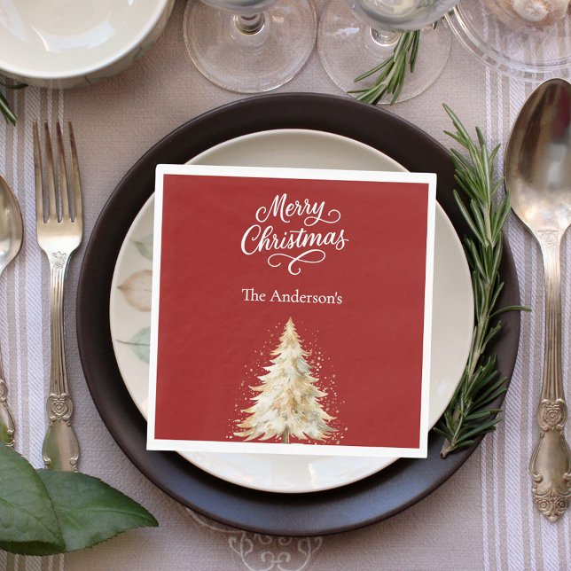 Red white tree snow script Christmas luncheon Napkin (Creator Uploaded)