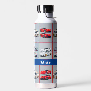Red & White Trendy Sporty Sports Cars Enthusiasts Water Bottle