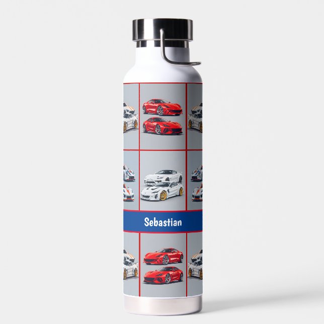 Red & White Trendy Sporty Sports Cars Enthusiasts Water Bottle (Left)