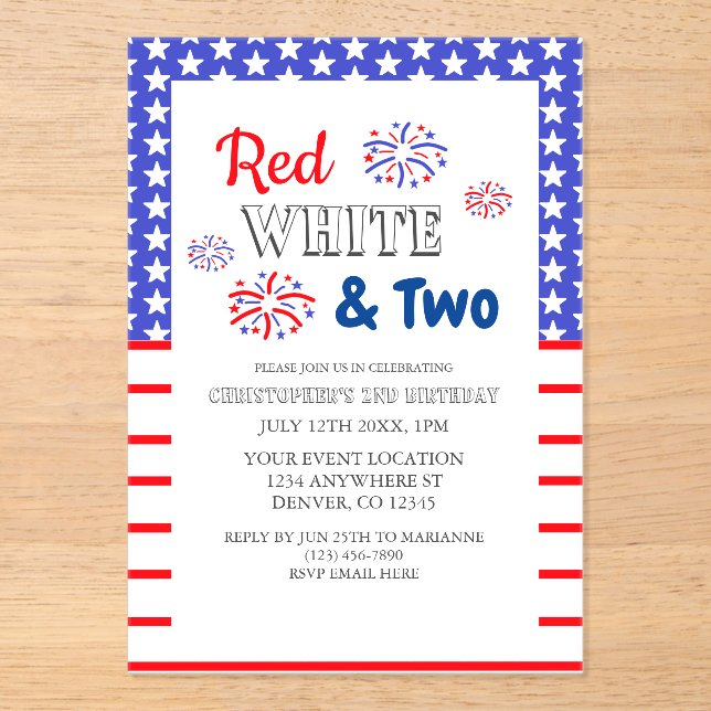 Red White & Two 2nd Birthday Acrylic Invitations (Front)