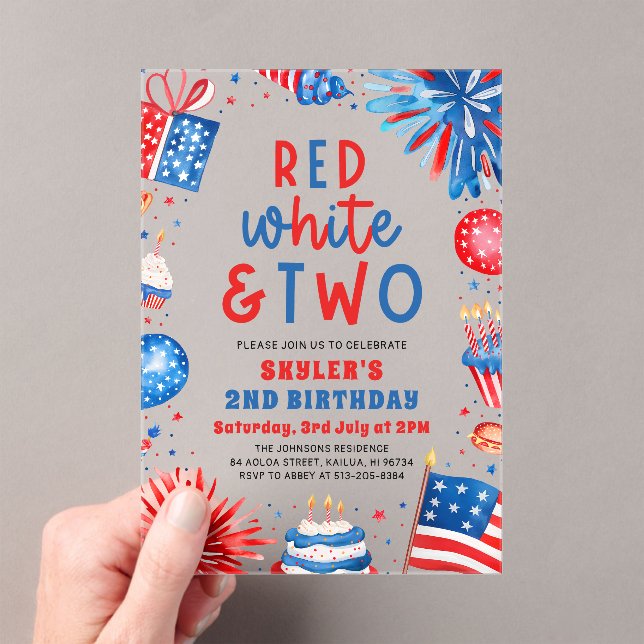 Red, White & Two 4th July 2nd Birthday Party Acrylic Invitations (Insitu (Handheld))