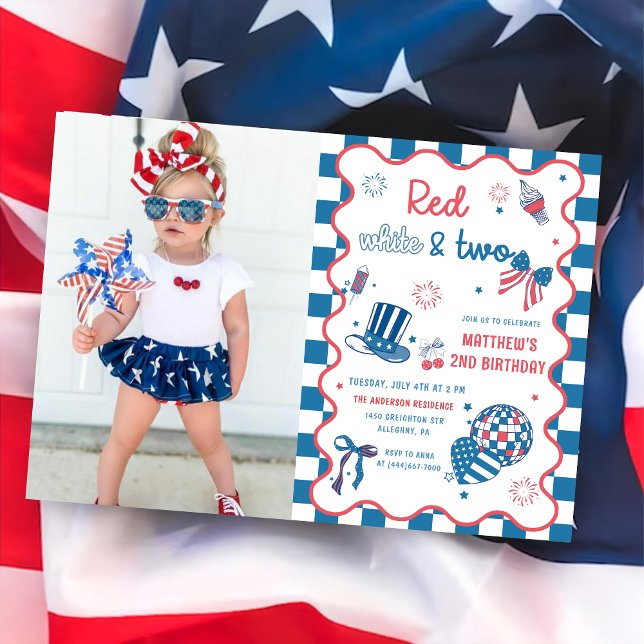 Red, White & Two 4th July 2nd Birthday Photo Invitation (Creator Uploaded)