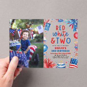 Red, White & Two 4th July 2nd Photo Birthday Party Acrylic Invitations