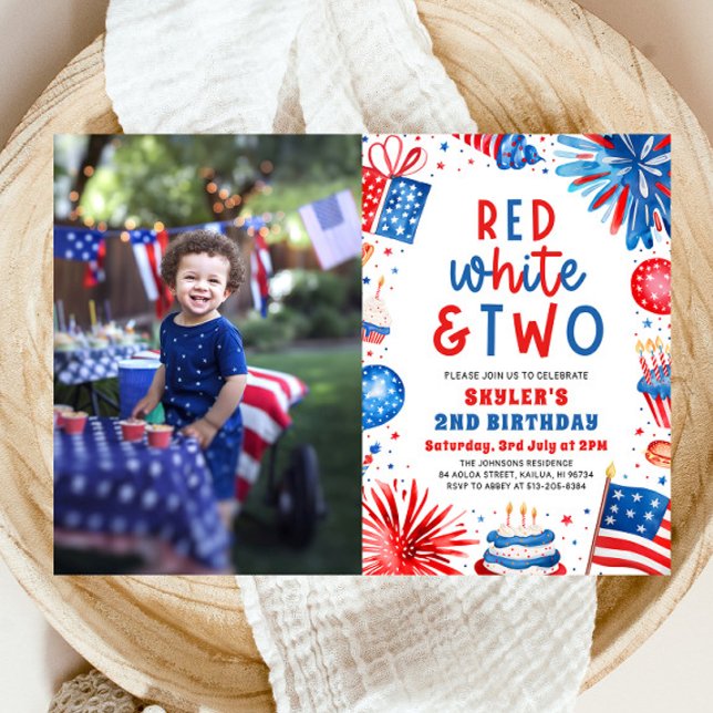 Red, White & Two 4th July 2nd Photo Birthday Party Invitation (Watercolor Partiotic Fireworks Red, White & Two 4th July 2nd Photo Birthday Party Invitation)