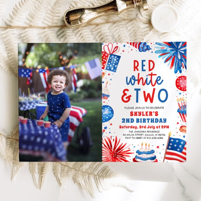 Red, White & Two 4th July 2nd Photo Birthday Party Invitation (Watercolor Partiotic Fireworks Red, White & Two 4th July 2nd Photo Birthday Party Invitation)