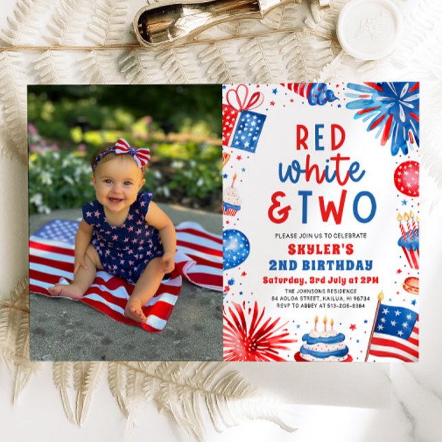 Red, White & Two 4th July 2nd Photo Birthday Party Invitation (Watercolor Partiotic Fireworks Red, White & Two 4th July 2nd Photo Birthday Party Invitation)
