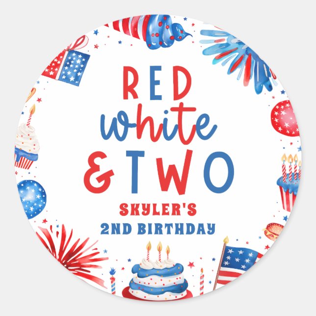 Red, White & Two 4th of July 2nd Birthday Party Classic Round Sticker (Front)