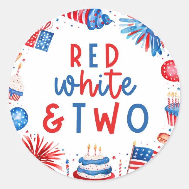 Red, White & Two 4th of July 2nd Birthday Party Classic Round Sticker (Front)