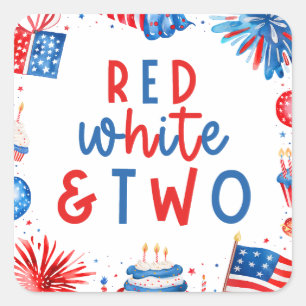 Red, White & Two 4th of July 2nd Birthday Party Square Sticker