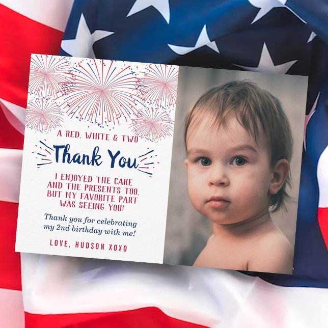 Red, White & Two 4th Of July 2nd Birthday Photo Thank You Card (Creator Uploaded)