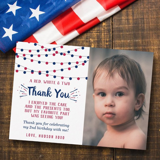 Red, White & Two 4th Of July 2nd Birthday Photo Thank You Card (Creator Uploaded)