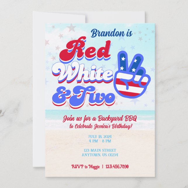 Red White & Two Birthday Invitations 4th of July (Front)