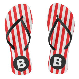 Red White Vertical Stripes Black Monogram Jandals