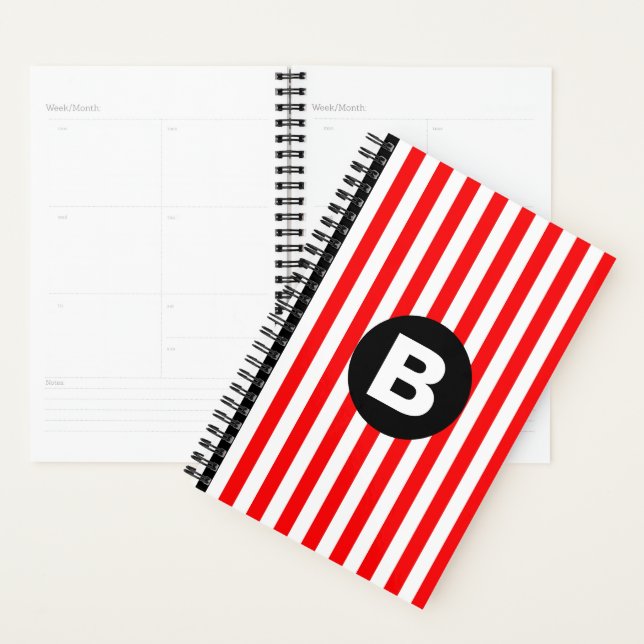 Red White Vertical Stripes Black Monogram Planner (Display)