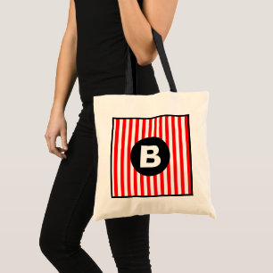 Red White Vertical Stripes Black Monogram Tote Bag