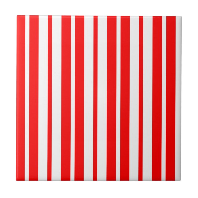 Red White Vertical Stripes Pattern Design Tile (Front)