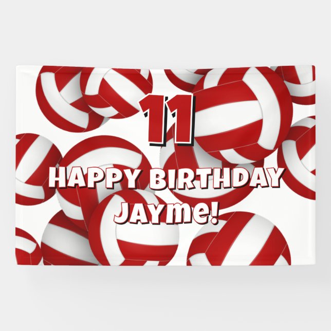 red white volleyballs kids birthday party banner (Horizontal)