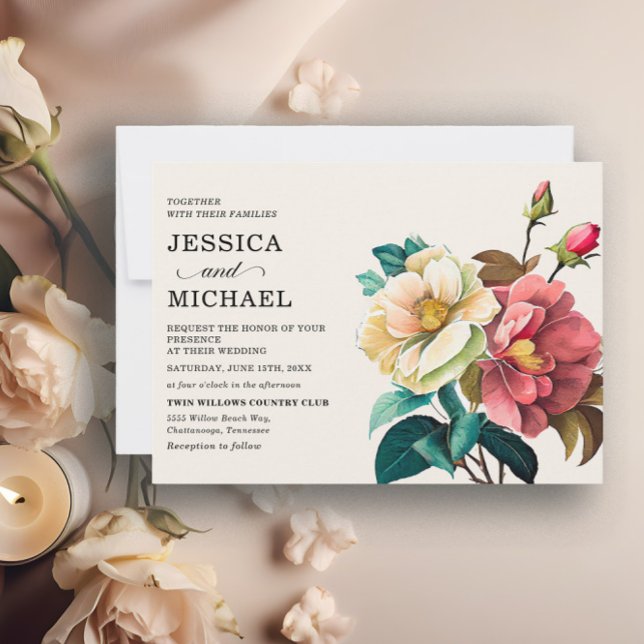 Red White Watercolor Floral Wedding Invitation (Red and white watercolor floral wedding invitation)