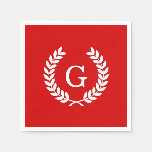 Red White Wheat Laurel Wreath Initial Monogram Napkin (Front)