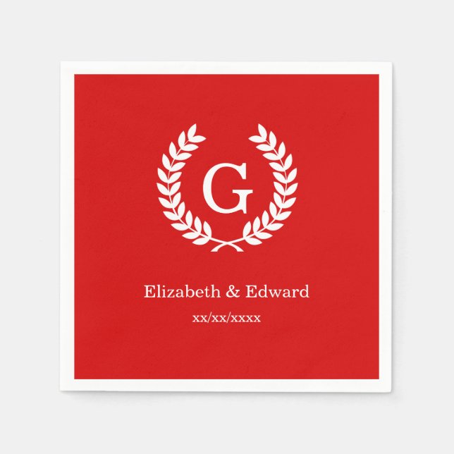 Red White Wheat Laurel Wreath Initial Monogram Napkin (Front)