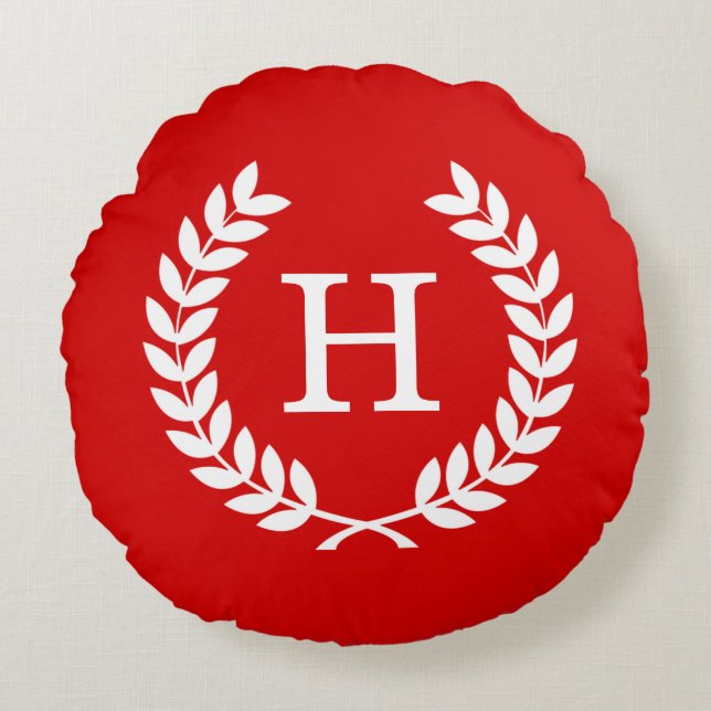 Red White Wheat Laurel Wreath Initial Monogram Round Cushion (Front)