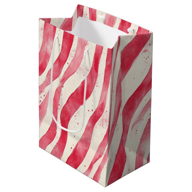Red White Whimsical Stripes Birthday Medium Gift Bag (Front Angled)
