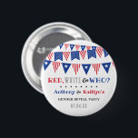 Red, White & Who? 4th Of July Gender Reveal Party 6 Cm Round Badge<br><div class="desc">Celebrate in style with these fun and very trendy 4th of July gender reveal party buttons. This design is easy to personalise with your special event wording and your guests will be thrilled when they receive these fabulous buttons. Matching items can be found in the collection.</div>