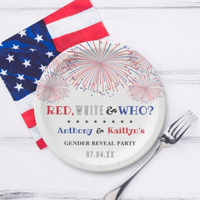 Red, White & Who? 4th Of July Gender Reveal Party Paper Plate (Creator Uploaded)