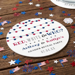 Red, White & Who? 4th Of July Gender Reveal Party Round Paper Coaster