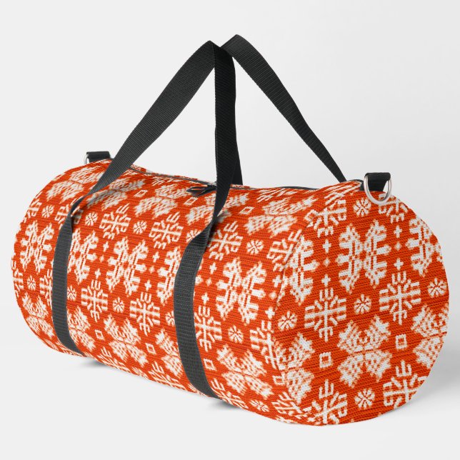 Red White Winter Snowflake Pattern Duffle Bag (Left Corner)